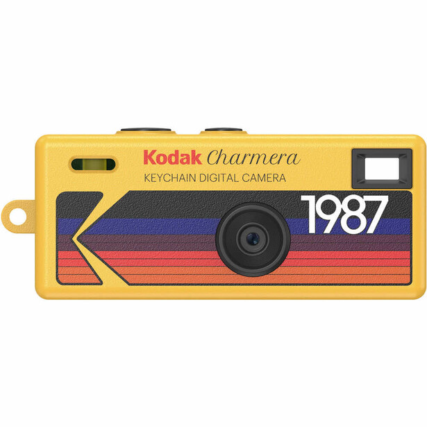 Illustration of Kodak Charmera keychain digital camera from 1987 in yellow and navy colorway