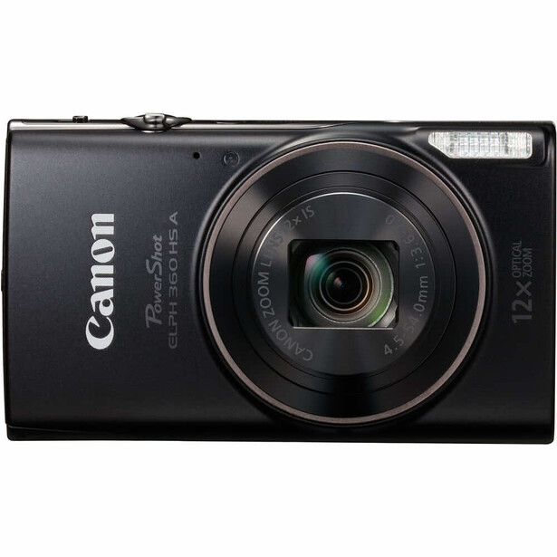 Canon ELPH compact digital camera with 12x optical zoom, displayed from front against white background