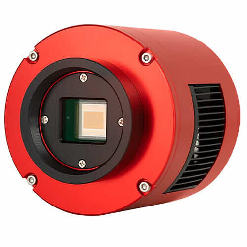 Red cylindrical camera sensor module with black internal components and cooling vents