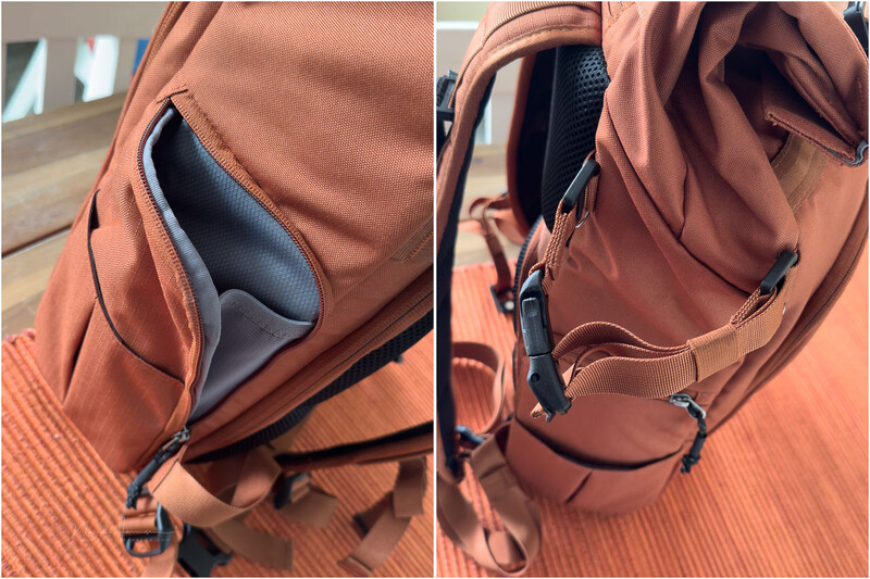 Rust-colored camera backpack shown open from two angles, displaying internal padding and organizational pockets