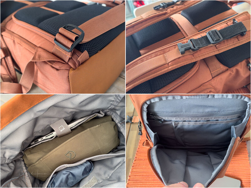 Four-panel comparison of camera backpack organizational features showing straps, compartments, and interior storage layouts