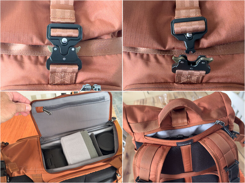 Four-panel comparison of an orange camera backpack showing buckle closure, interior compartments, and shoulder straps