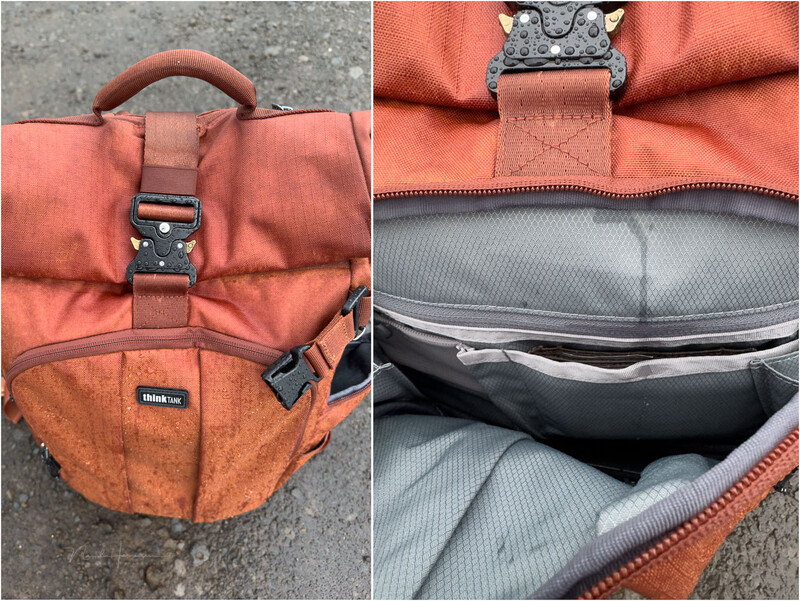Orange and tan canvas camera backpack displayed from front and interior views