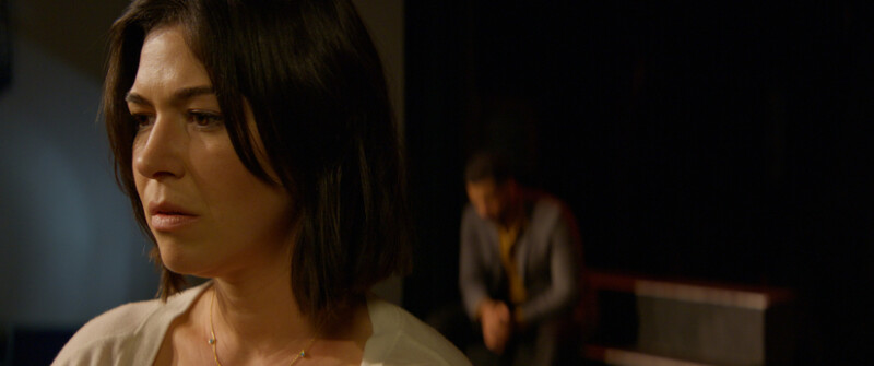Woman with shoulder-length dark hair in contemplative profile, soft directional lighting from left side