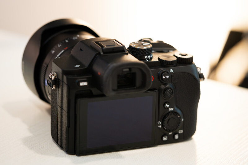 Sony mirrorless camera displayed from rear angle with articulating screen visible and lens attached