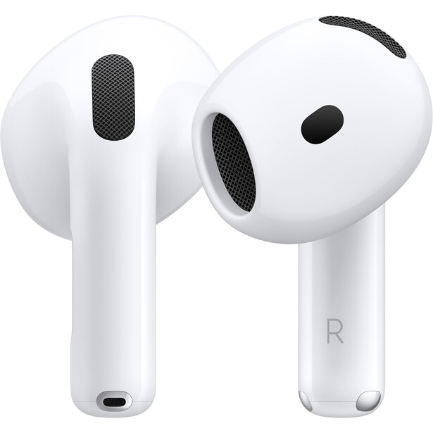 Illustration of white wireless earbuds shown from front and side angles