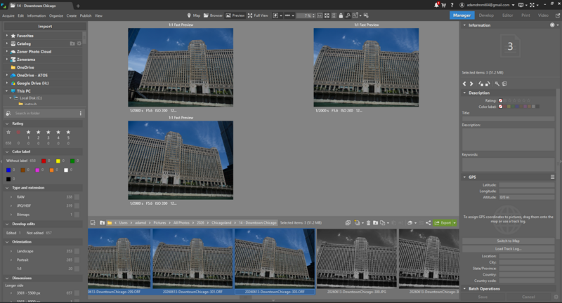 Zoner Studio's preview screen for three photos