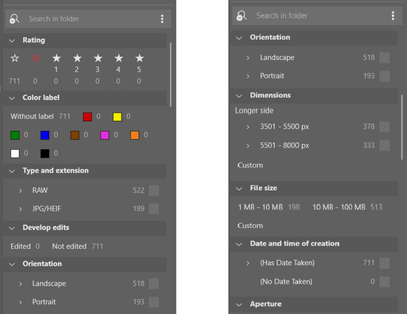 Zoner Studio search filter screenshots