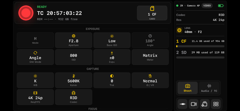Screenshot of a cinema camera interface showing exposure and capture settings at 4K 24p resolution