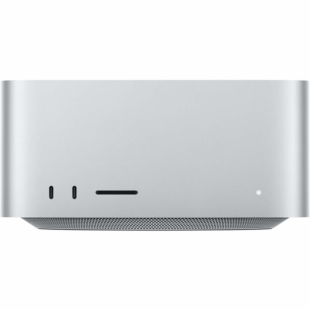 Silver Mac Studio desktop computer viewed from front, showing ports and minimalist design