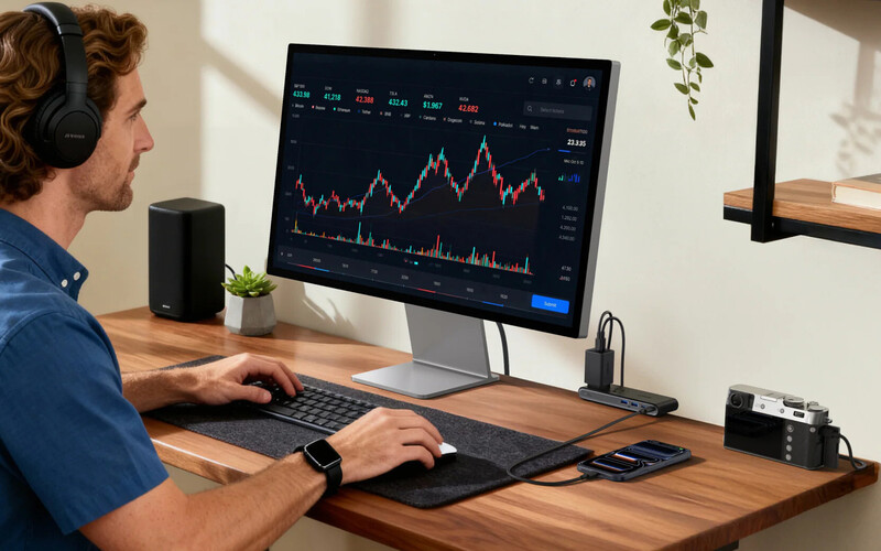 Man viewing stock market chart on desktop monitor at wooden workspace