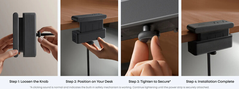 Four-step installation guide showing hands assembling a black desk-mounted power strip or cable management system