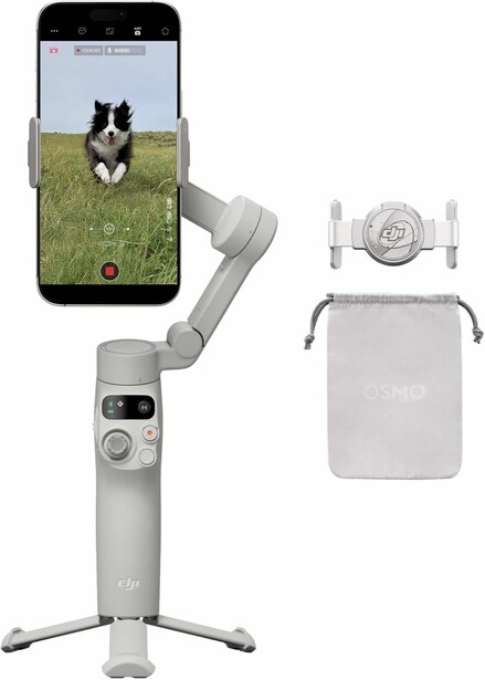 DJI Osmo Mobile 6 gimbal stabilizer with smartphone mounted, shown with accessories