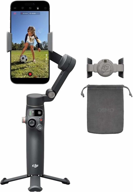 DJI Osmo Mobile gimbal with smartphone mount, stabilizer base, and carrying case