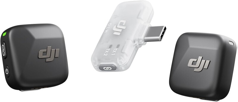 Three DJI wireless microphone units shown against white background