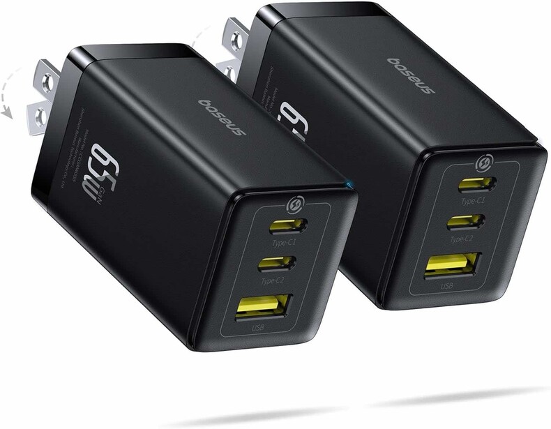 Two black USB-C fast charging power adapters with dual ports and LED indicators