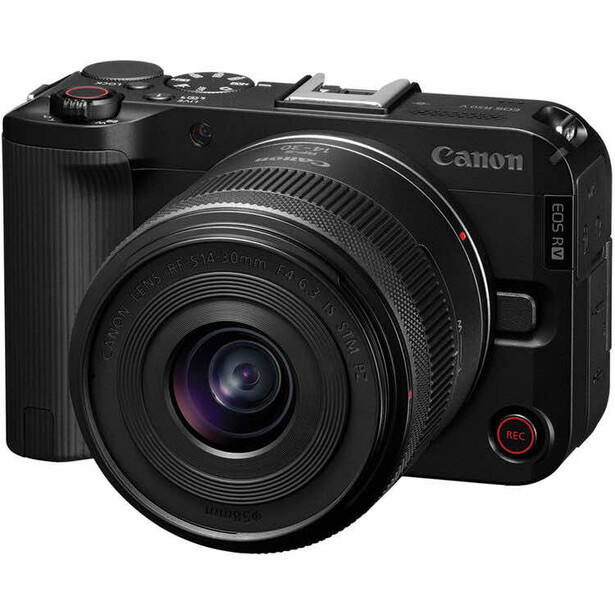 Canon EOS R50 mirrorless camera with RF 24mm f/1.8 macro lens attached, shown against white background