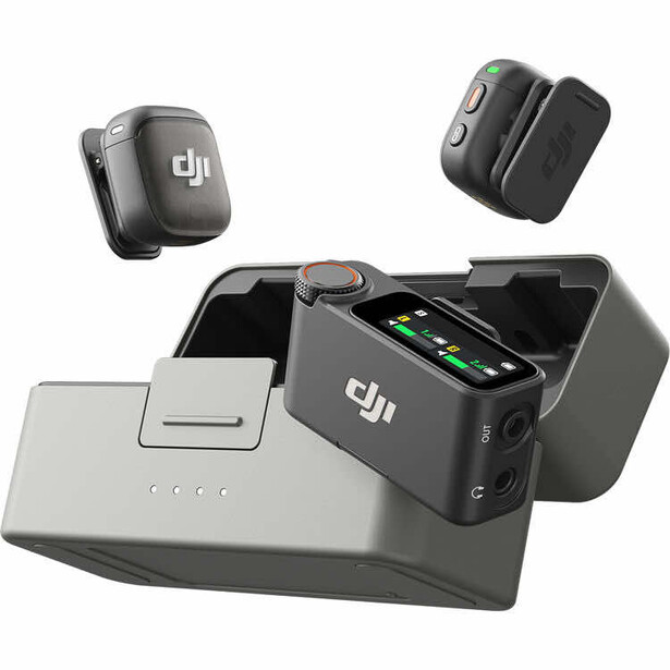 DJI Mic wireless microphone system with charging case and two compact transmitter units