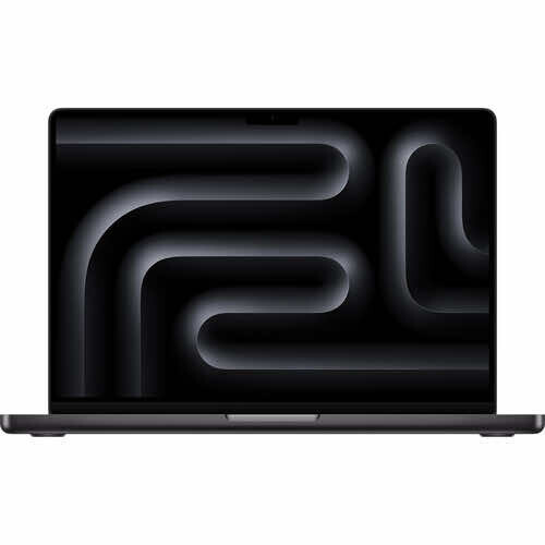 MacBook Pro laptop displaying abstract curved geometric wallpaper design in dark tones