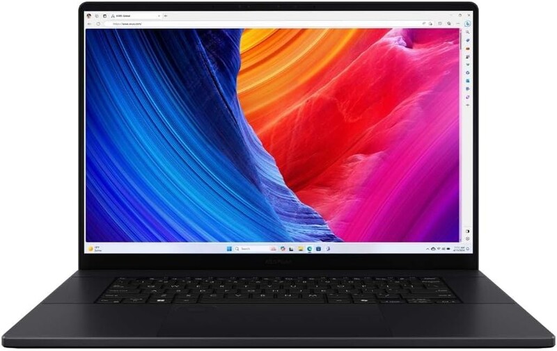 Laptop displaying vibrant blue, orange, and pink gradient abstract wallpaper