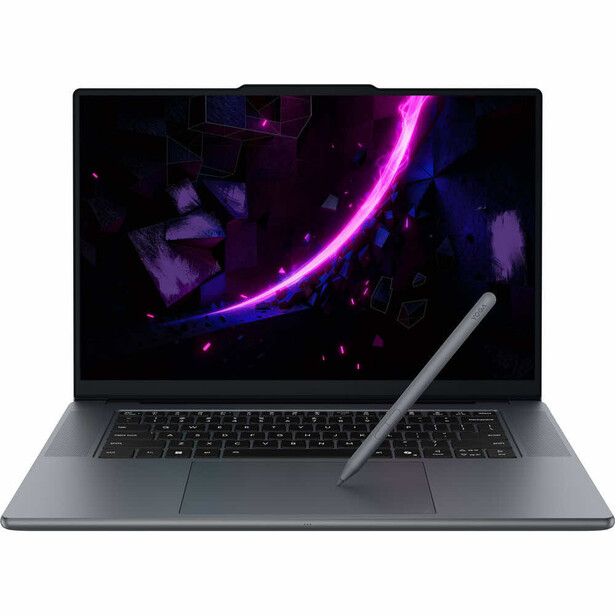 Laptop displaying vibrant neon purple curved light trails against dark background with stylus pen