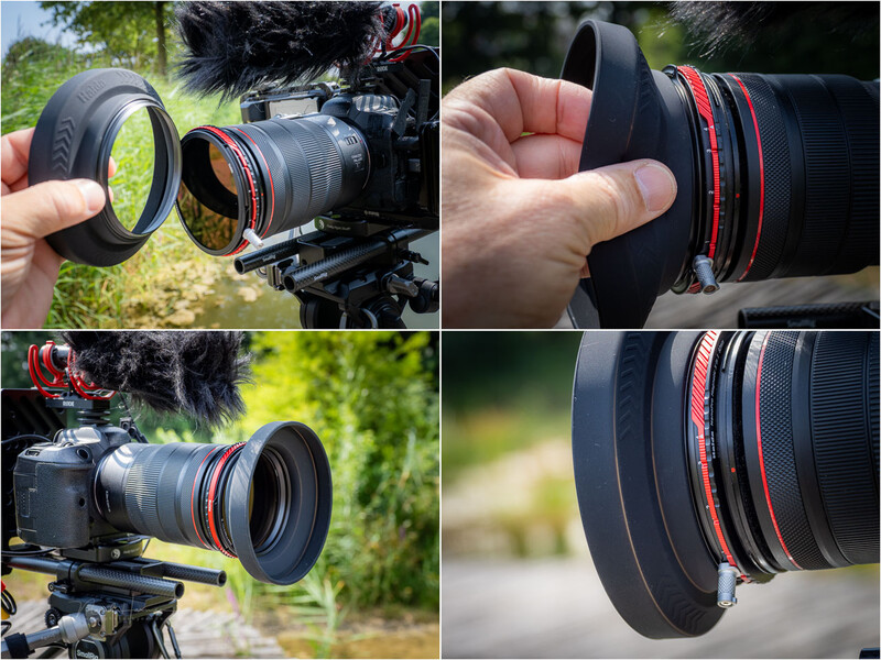 Anamorphic lens adapter mounted on cinema camera with close-ups showing red accent rings and lens hood details