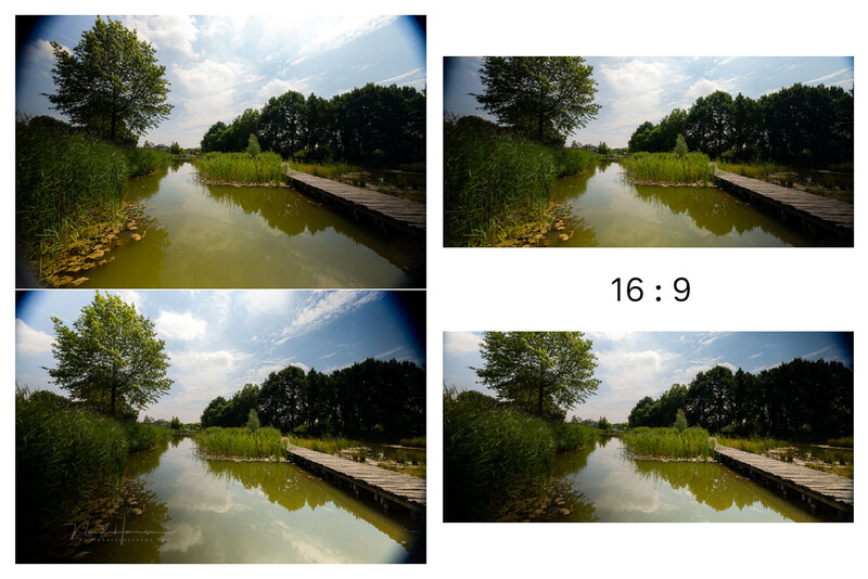 Comparison grid showing same canal landscape in four different aspect ratios, with 16:9 ratio labeled