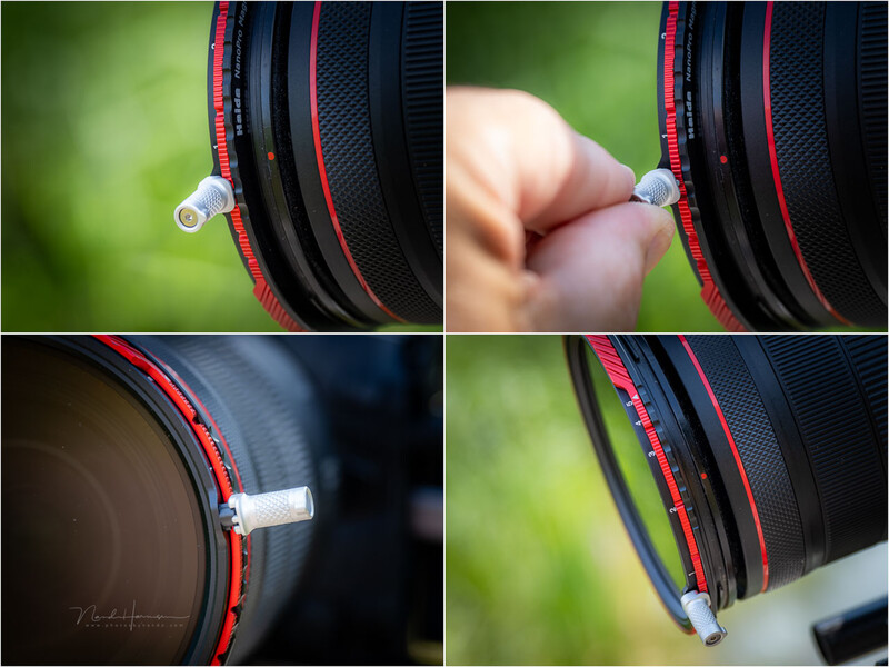Four-panel close-up detail shots of camera lens barrel with red and black ribbed design and adjustment rings