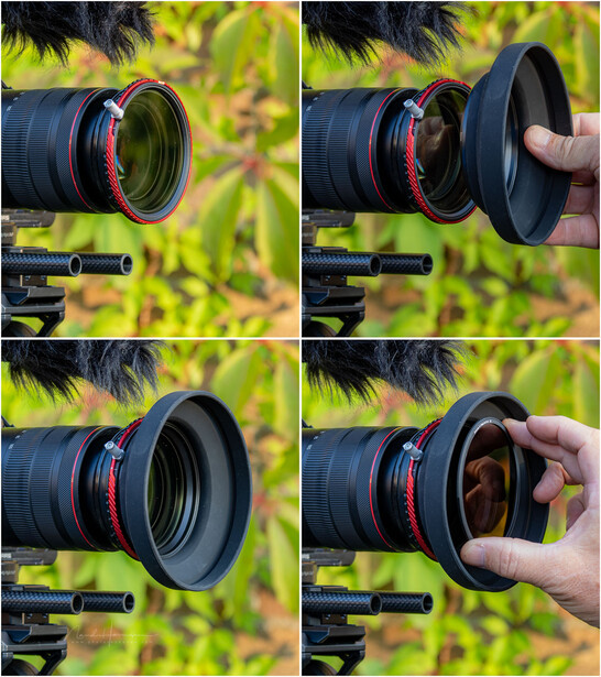Four-panel instructional sequence showing lens front cap removal and attachment on a telephoto lens
