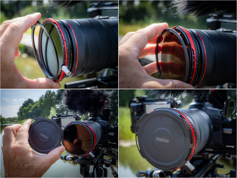 Four-panel comparison of camera filters and lens caps, displaying optical and protective glass elements