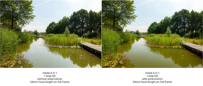 Side-by-side comparison of a river landscape with and without polarizing filter