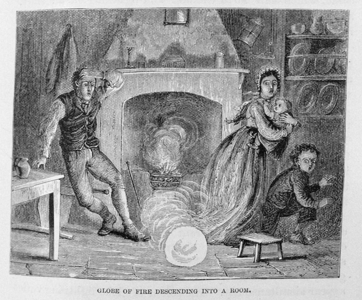 Illustration of a globe of fire descending into a house with figures reacting in alarm