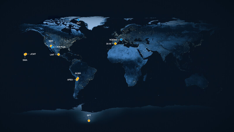 World map graphic with illuminated geographic markers and location labels