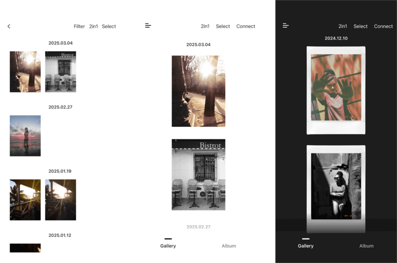Screenshot of a photography gallery interface showing organized collections of images by date