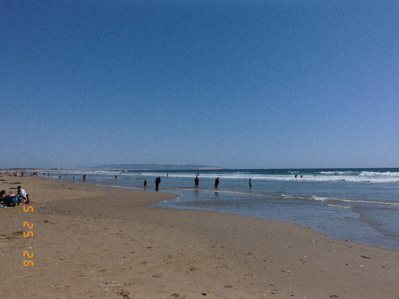 Beach scene with swimmers and calm shoreline under clear blue sky