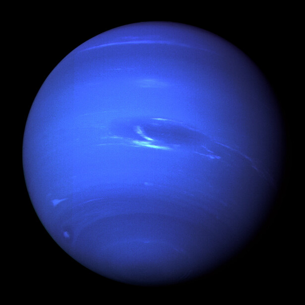 Illustration of Neptune showing deep blue atmosphere with visible storm bands and cloud formations