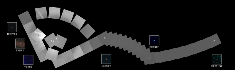Illustration of the solar system showing planets and moons with grayscale 3D rendering
