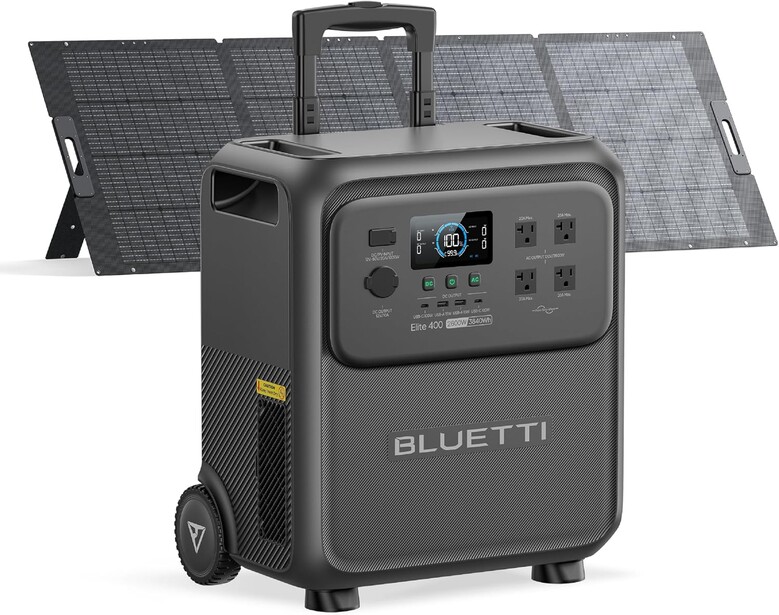 Bluetti portable power station with solar panels and wheeled cart for outdoor power solutions