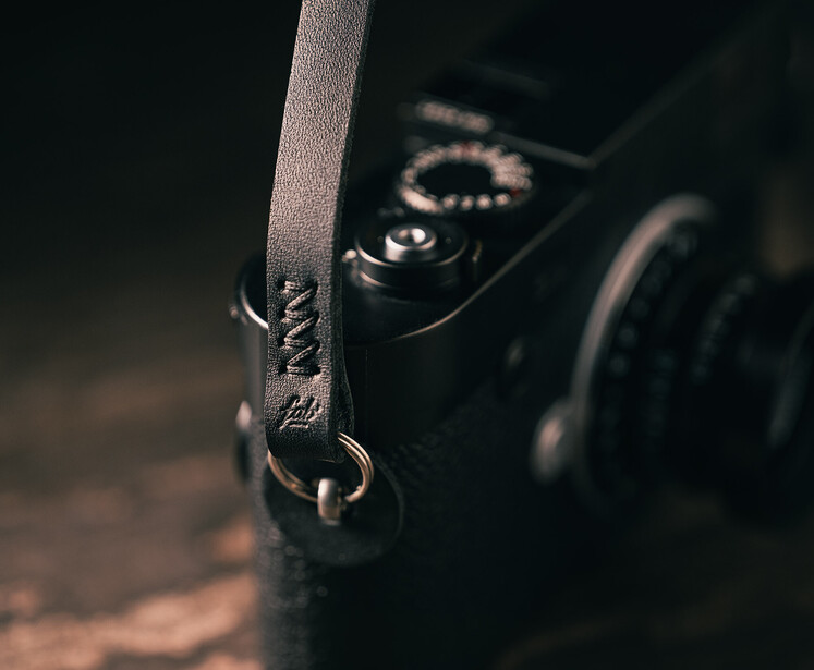 Close-up of camera strap with metal hardware and vintage camera in soft-focus background