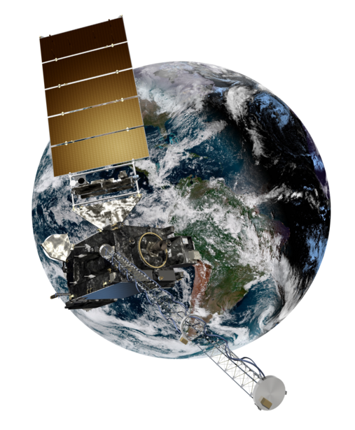 Illustration of Earth with solar panel array and satellite components against dark background
