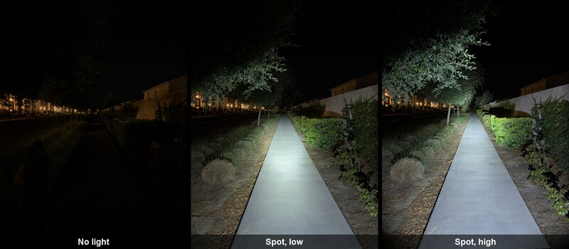 Comparison of pathway lighting intensity showing no light, low spot, and high spot illumination