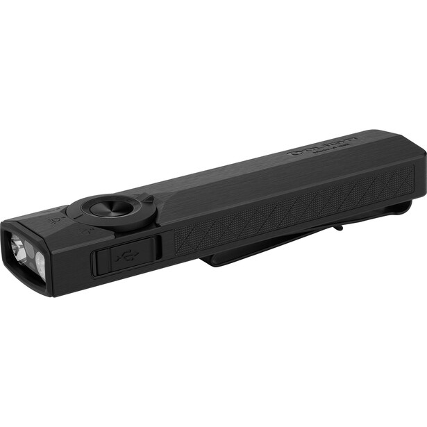 Black rectangular LED flashlight with rotatable head mounted on side