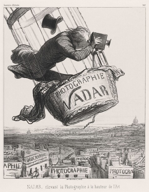 Illustration of photographer suspended above cityscape using ADAR camera equipment