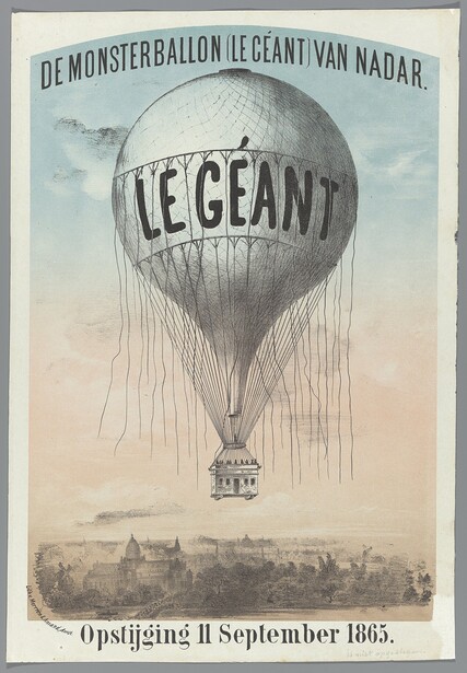 Illustration of Le Géant hot air balloon ascending above a cityscape, dated September 1865