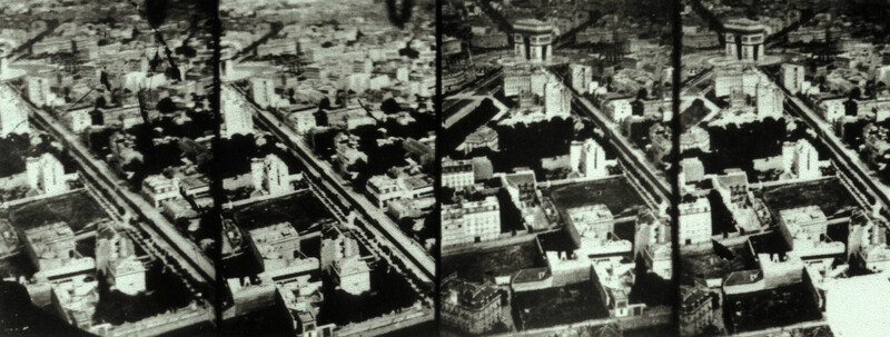 Stereoview aerial photographs showing urban cityscape with buildings and streets