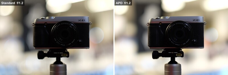 Side-by-side comparison of Fujifilm X-E1 camera bokeh at f/1.2 with standard lens versus APD (apodization) lens