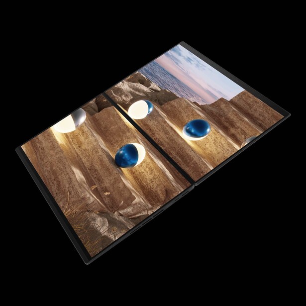 Cornhole board set with wooden frames and blue and white disc targets on desert landscape backdrop