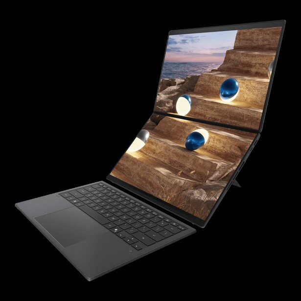 Concept render of foldable laptop displaying landscape photography on flexible display panels