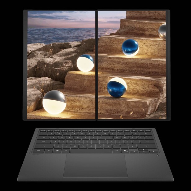 Laptop displaying split-screen creative composites with glowing spheres on natural landscapes