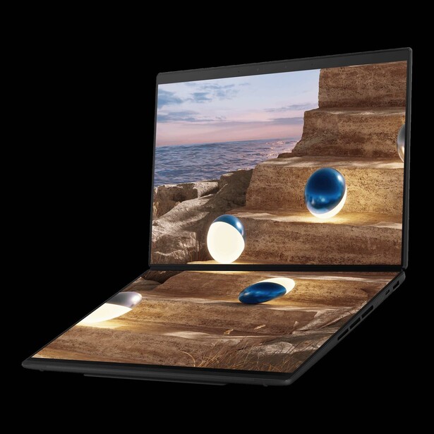 Conceptual illustration of a foldable laptop display showing a scenic coastal landscape with reflective spheres